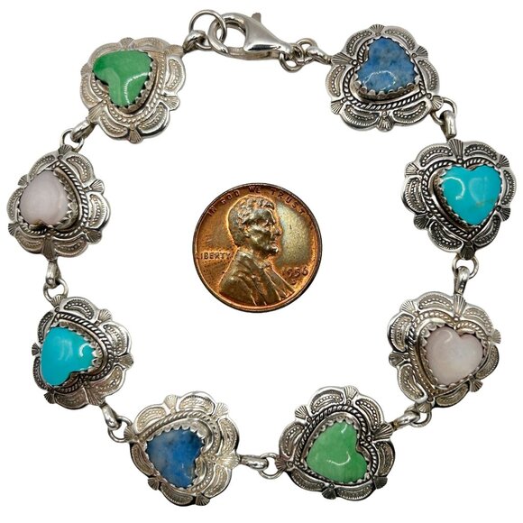 Quoc Turquoise QTC 925 Sterling Silver Multi-Stone Heart Link 7.75" Bracelet - Picture 2 of 6